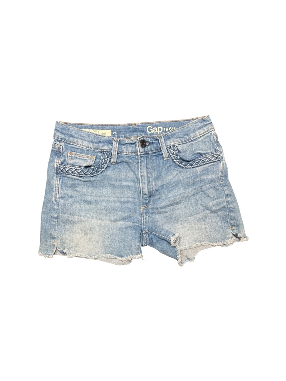 Gap 1969 Authentic Summer Shorts Size 25 Light Wash Denim Braided Trim Raw Hem